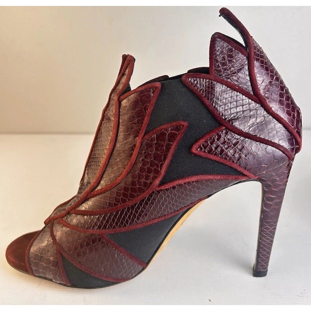 CHRISSIE MORRIS Burgundy & Black  Leather Leaf Open Toe Pumps- Sz 41 made Italy